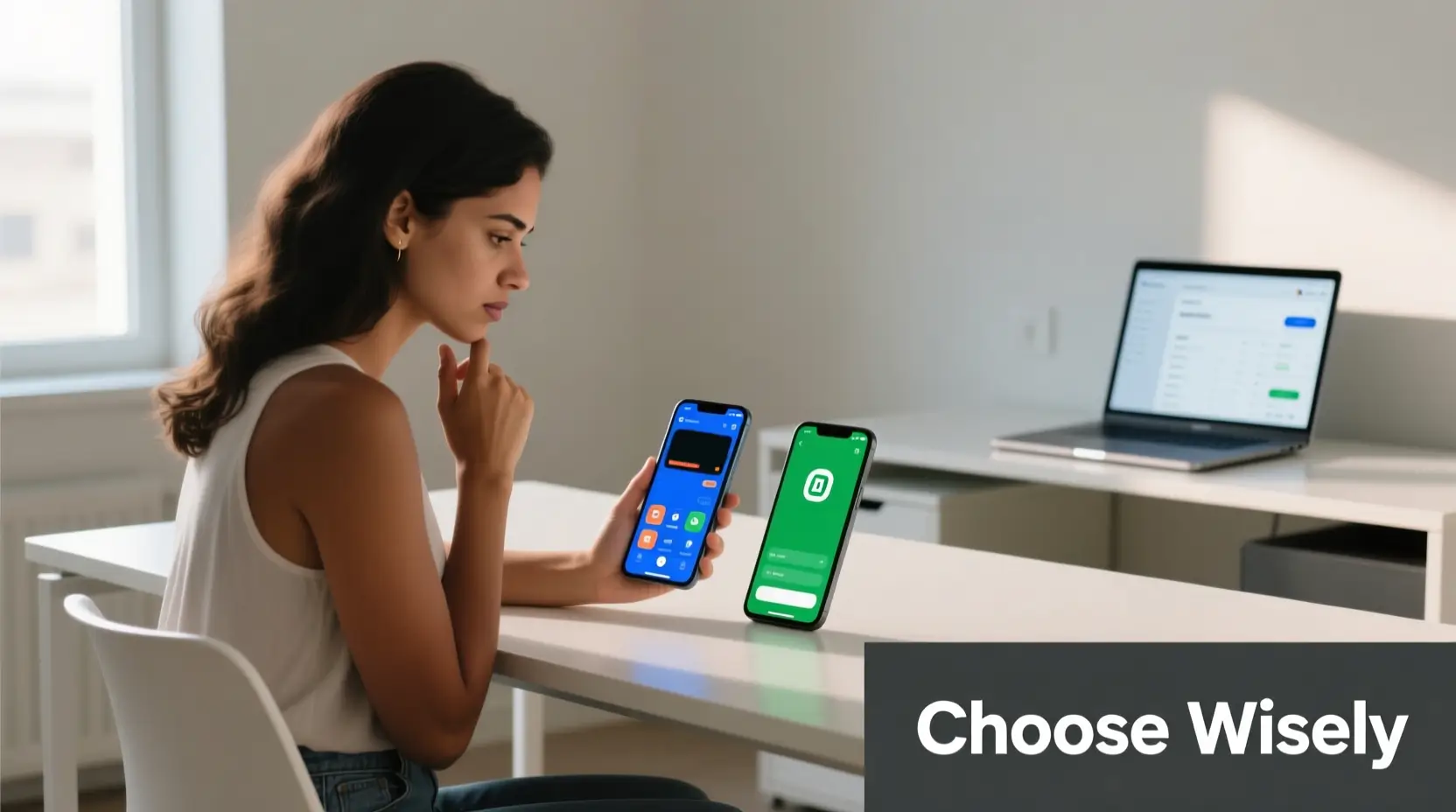 Mulher brasileira comparando dois aplicativos de apostas diferentes em smartphones lado a lado