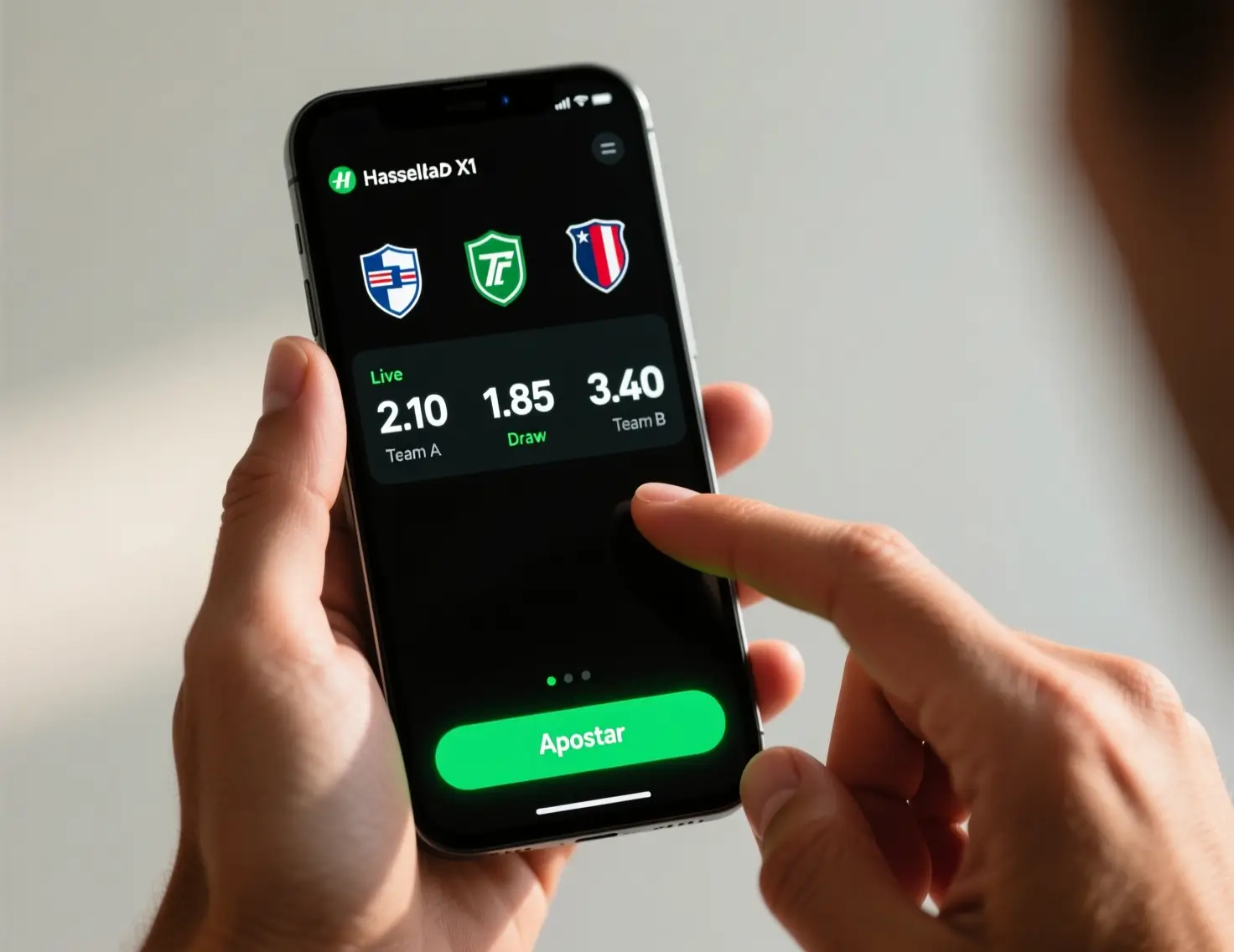Mãos segurando smartphone com aplicativo de apostas exibindo odds ao vivo de partida de futebol