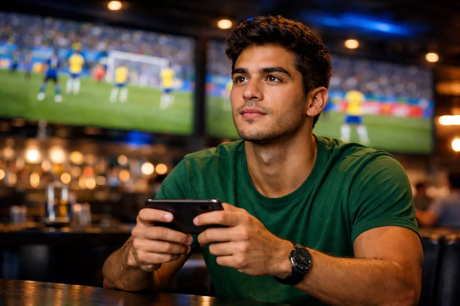 Jovem brasileiro usando aplicativo de apostas esportivas no smartphone em um bar esportivo com TVs exibindo futebol ao fundo