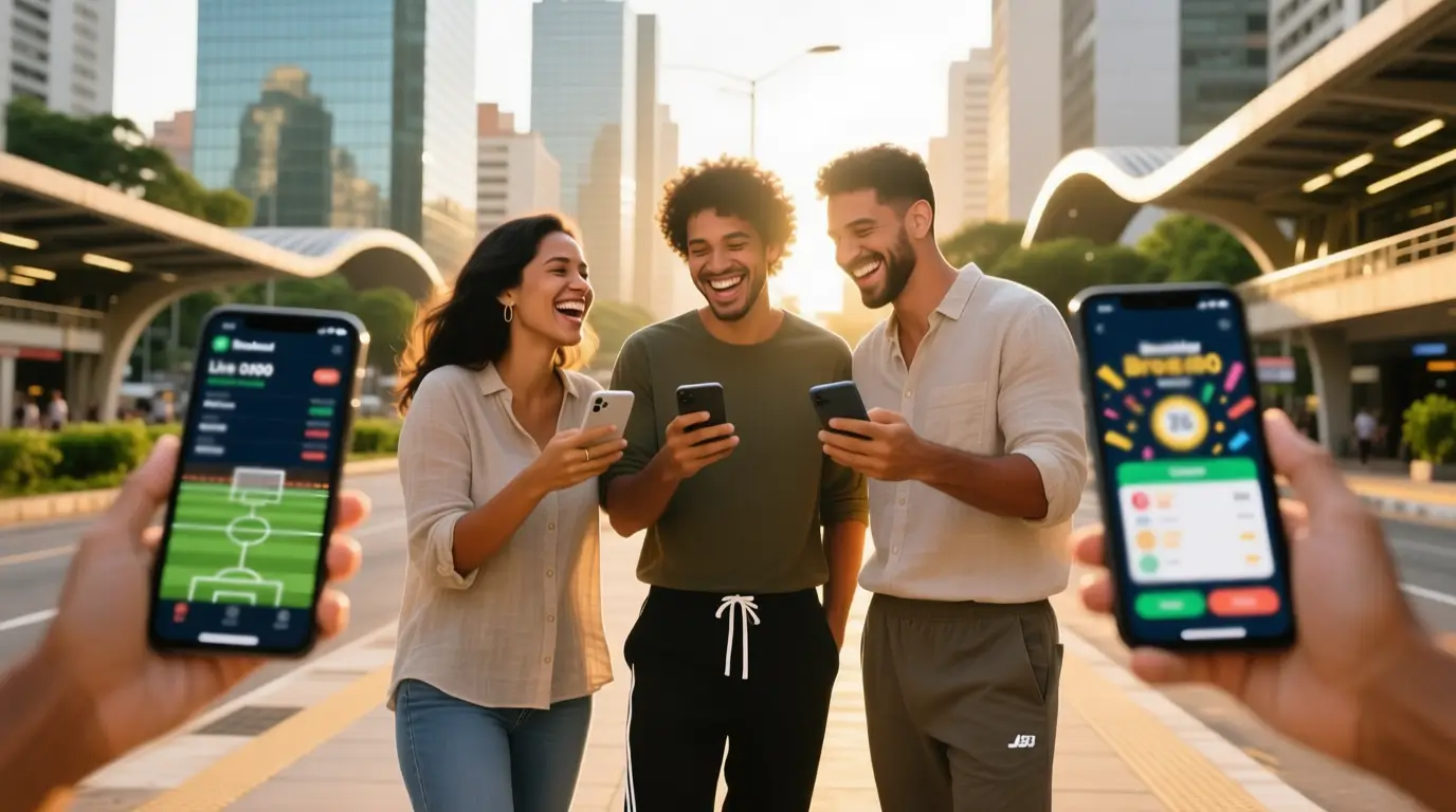 Grupo de brasileiros usando diferentes aplicativos de apostas em seus smartphones em ambiente urbano de São Paulo