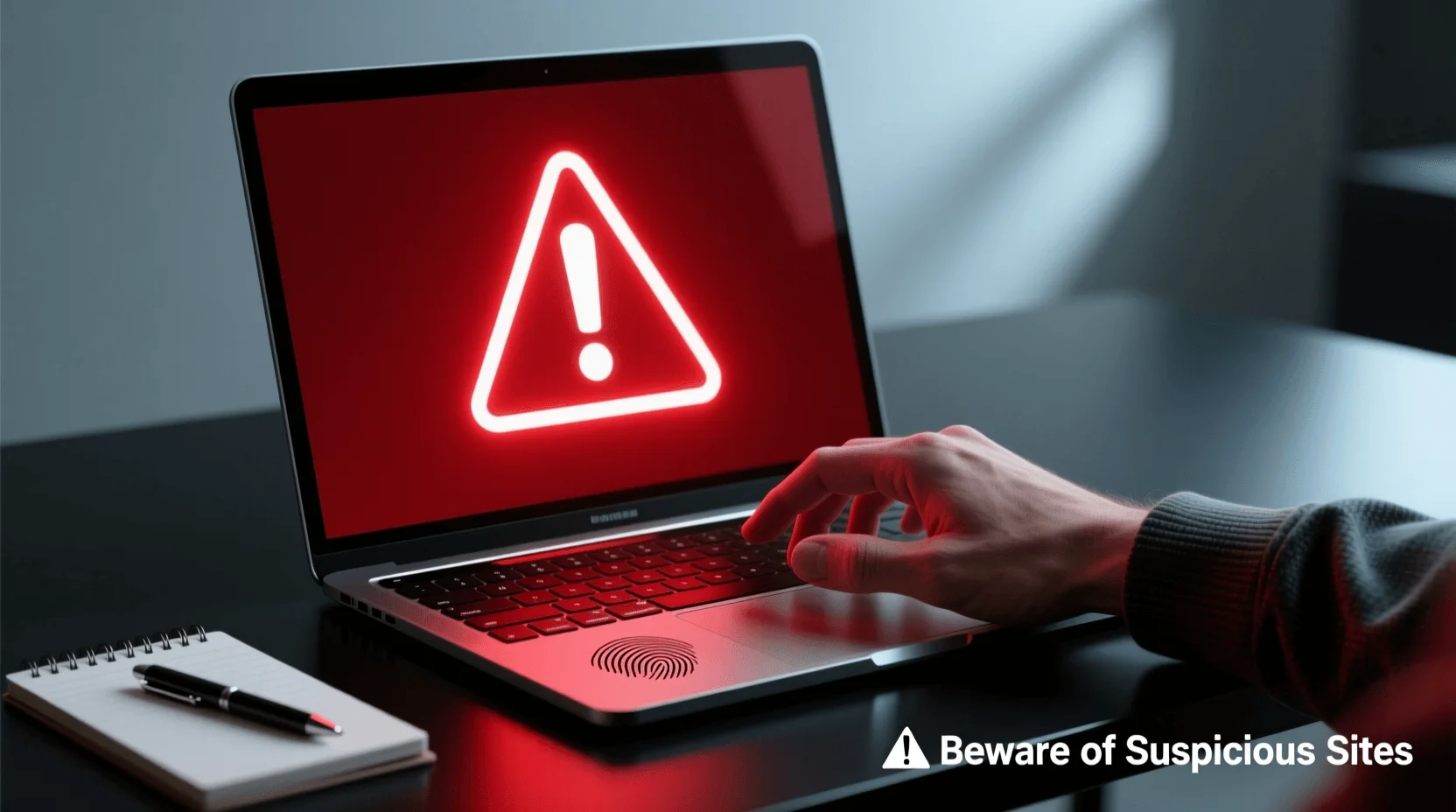 Alerta de site fraudulento com triângulo de aviso vermelho no ecrã