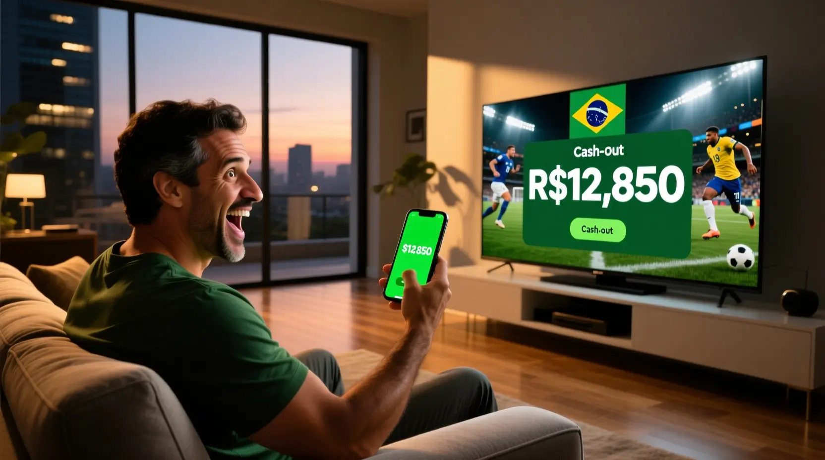 Homem assistindo futebol na TV enquanto usa recurso de cash out no aplicativo de apostas pelo smartphone